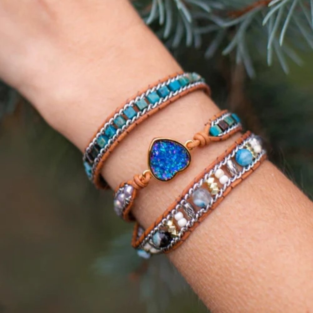 Bohemian Opal Heart Charm Handmade Reiki Healing Chakra Women Wrap Bracelet Gift